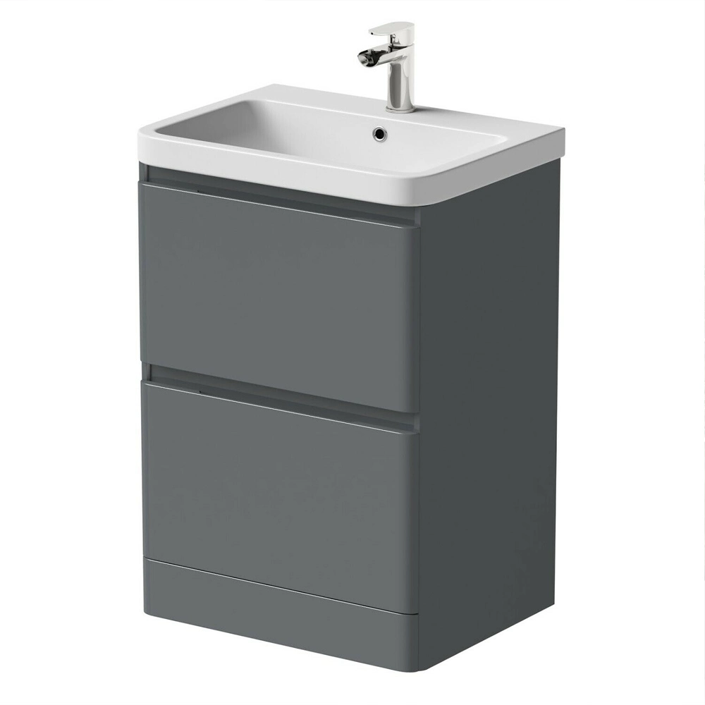 600mm Grey Vanity Sink Unit Ceramic Basin Bathroom Drawer Storage Furniture